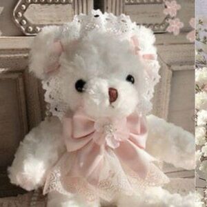 White Teddy Bear with Pink Lace Outfit